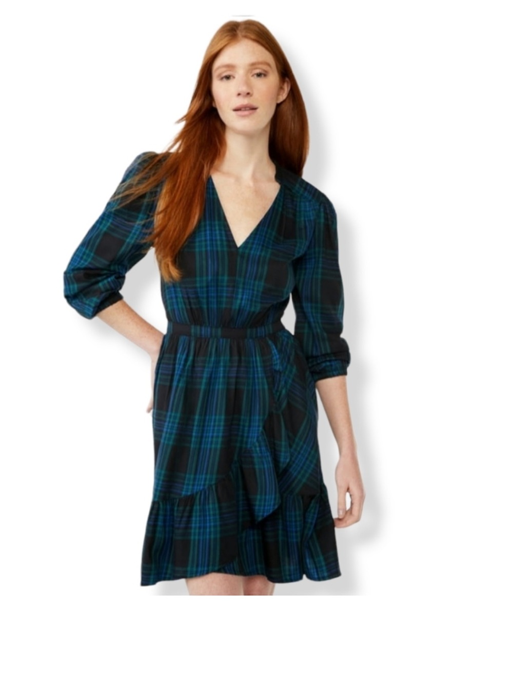 NWT Free Assembly sz S Plaid V-Neck Ruffle flounce Hem Dress blue green tartan